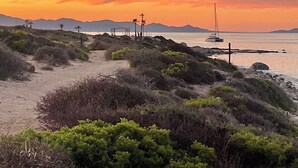 Un paysage côtier avec une plage de sable, des arbustes verts et un voilier sur l’eau.
