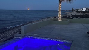 Un espace piscine agrémenté d’un palmier et offrant une vue sur l’océan.
