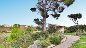 Une maison avec un chemin de gravier menant à l’entrée, entourée de divers arbustes et arbres.