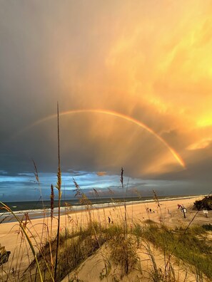 A beach with a rainbow, sand dunes, and ocean waves.