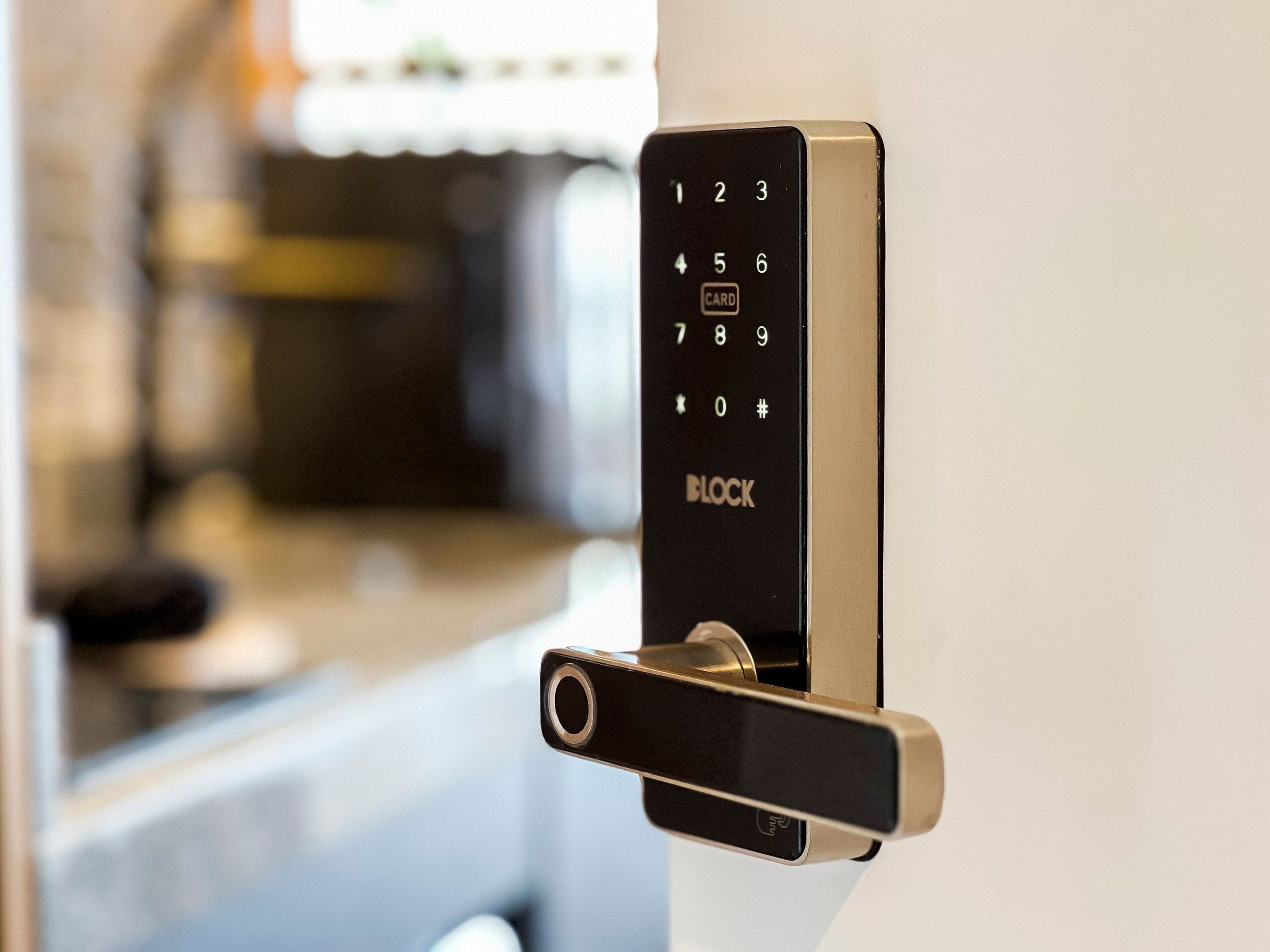A door lock with a keypad, a metal handle, and a keyhole.