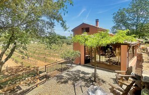 A vineyard with rows of grapevines, a wooden pergola with vines, and a rustic building with a chimney. - Stunning home in Carcès (Carcès)