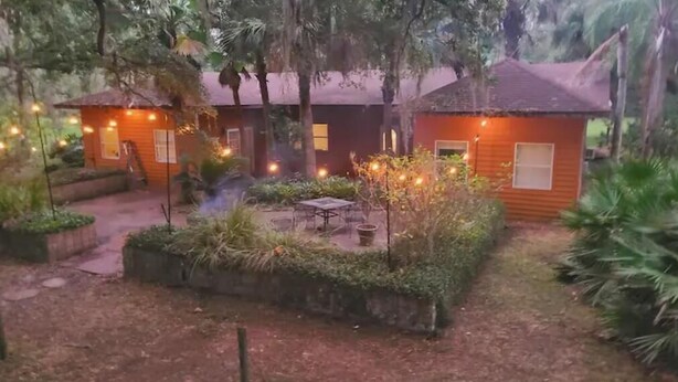 A rustic cabin with a thatched roof, surrounded by lush greenery and a small outdoor seating area.