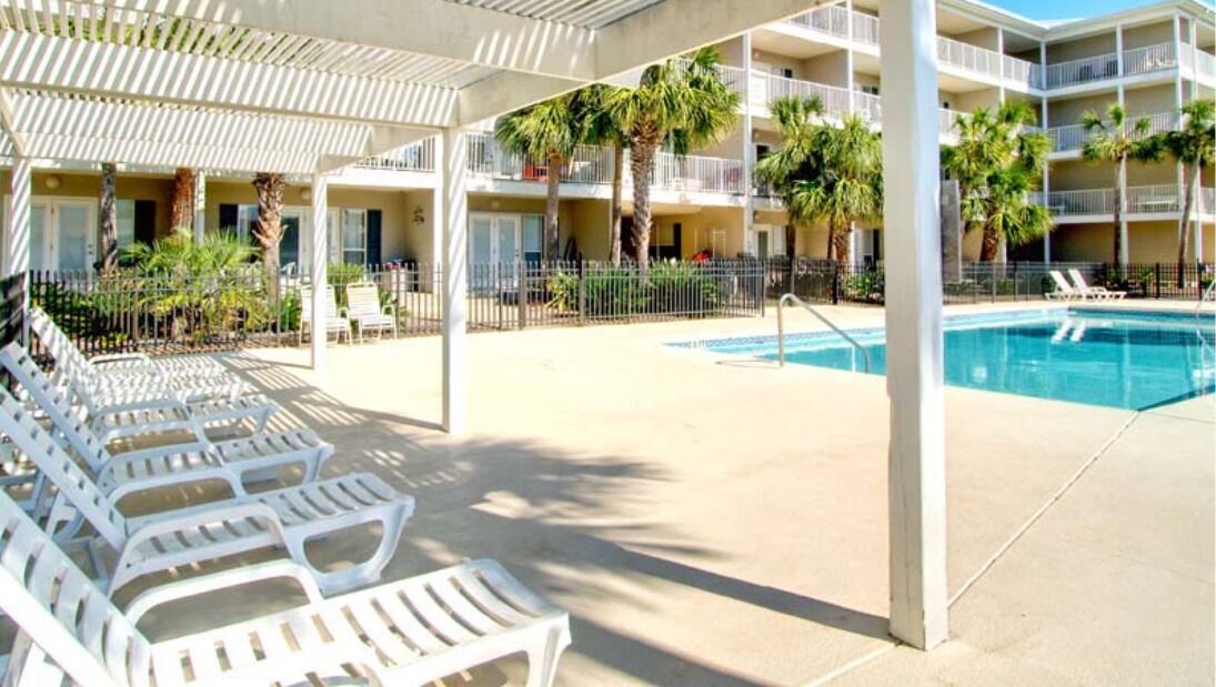 A poolside area with lounge chairs, a pool, and a covered seating area with palm trees.