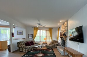 Smart TV, chimenea, reproductor de DVD y libros 