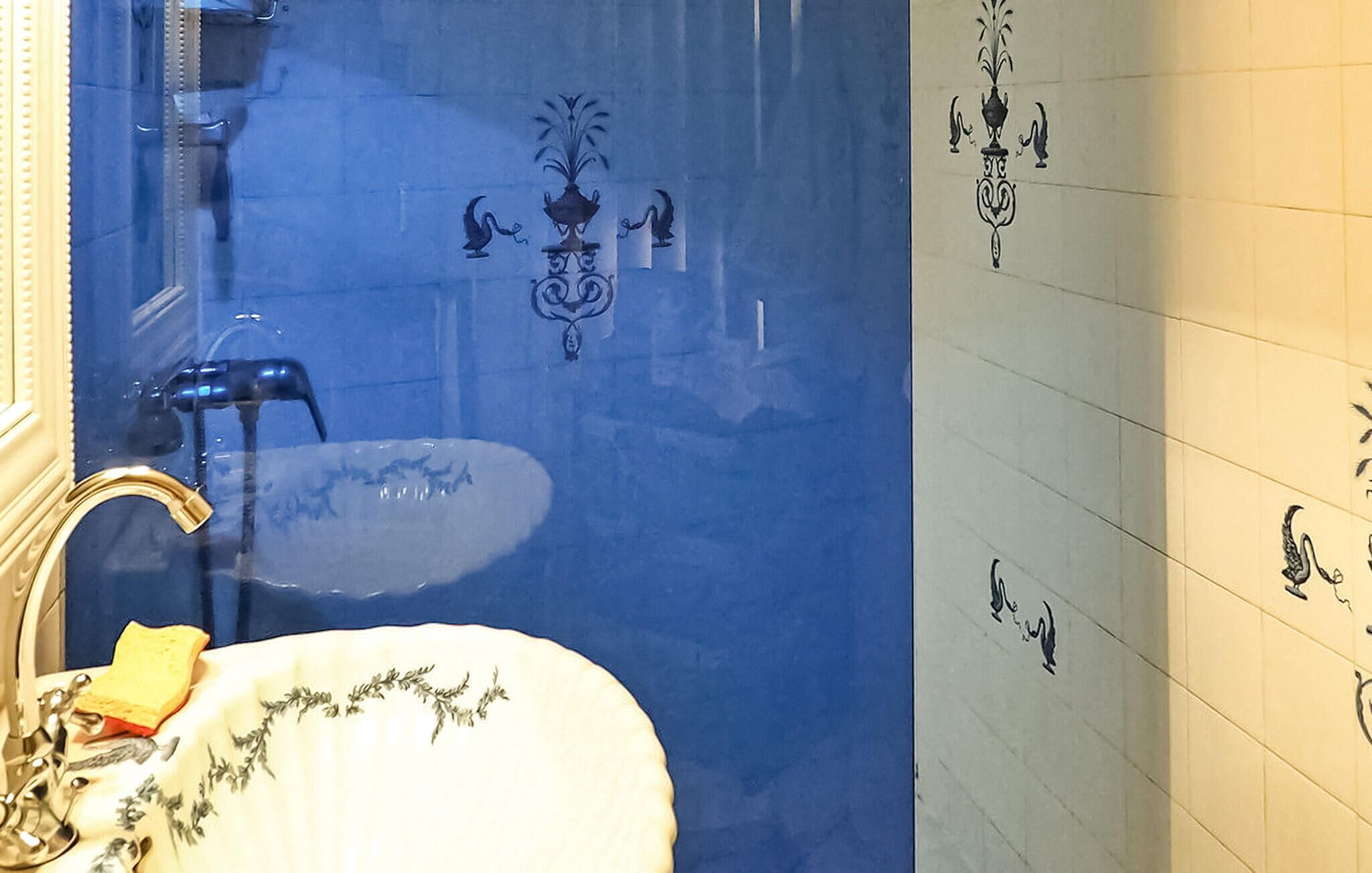 A bathroom with a blue shower wall, a white sink with a gold faucet, and decorative tiles on the walls.