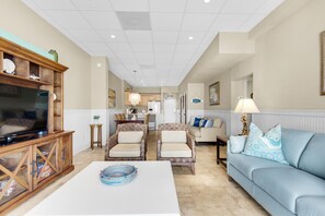 Condo, 1 Queen Bed with Sofa bed (Sans Souci unit 405) | Living area | TV - Sans Souci Unit 405 (Pensacola Beach)