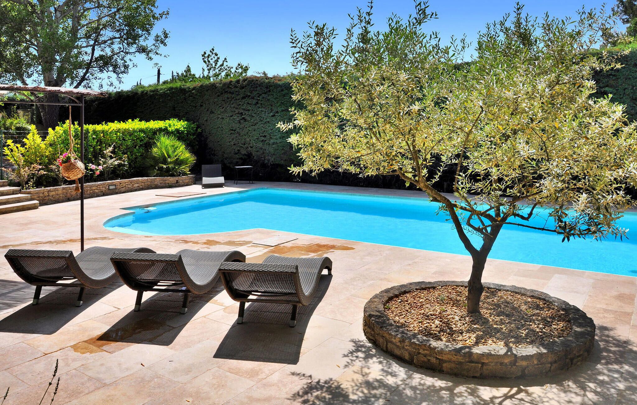 A swimming pool with lounge chairs and a tree in a landscaped area.