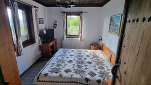 Ein Schlafzimmer mit einem Bett, einem Fernseher, einem Fenster mit Vorhängen, einer Heizung und einer Tür.
