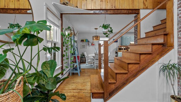 Un escalier en bois mène à une mezzanine dotée d’une rambarde blanche, le tout étant entouré de grandes plantes vertes.