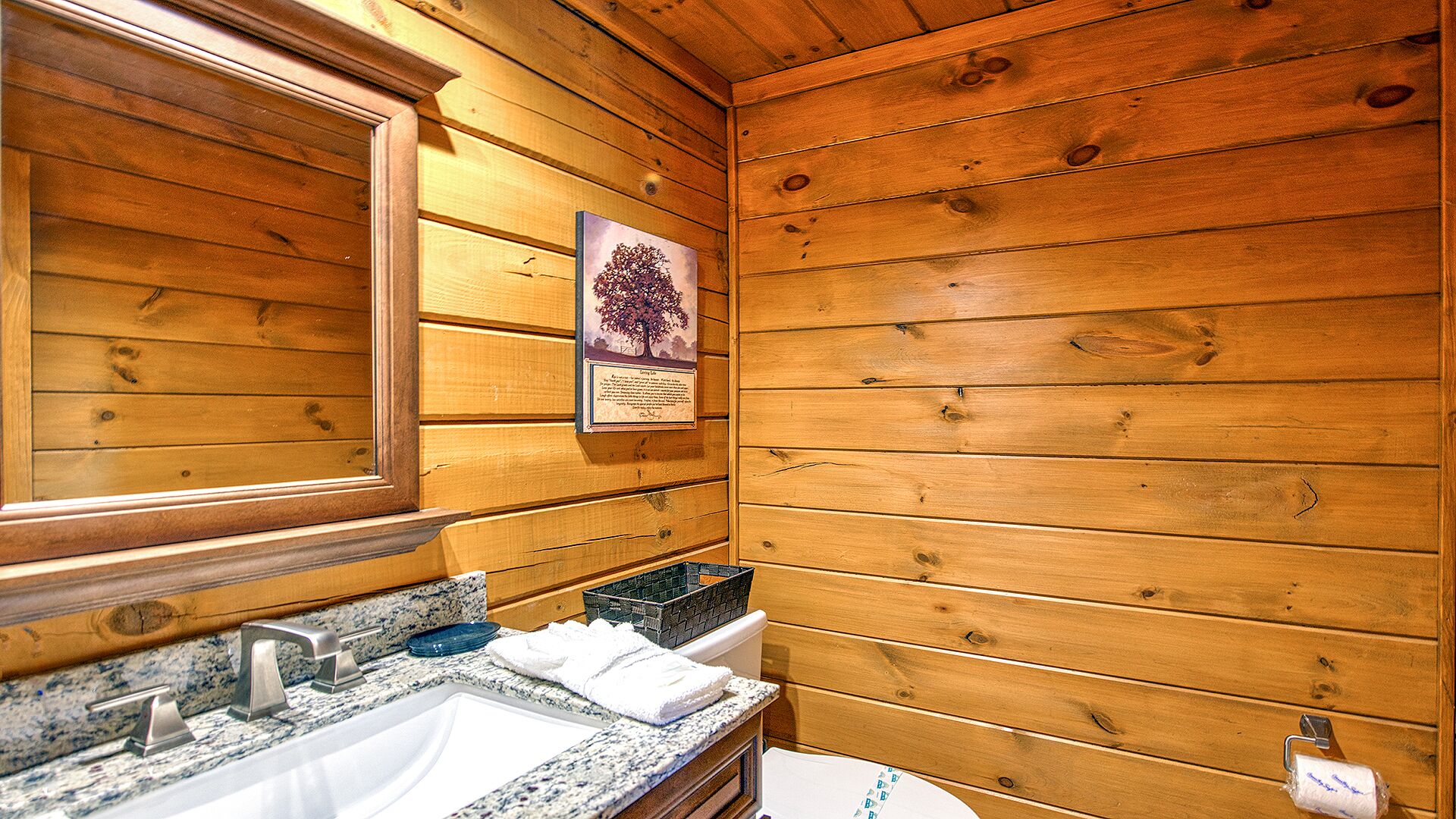 A wooden cabin bathroom with a granite countertop sink, a mirror, and a framed picture of a tree.