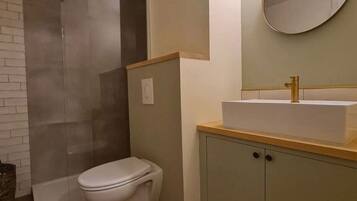Shower, free toiletries, hair dryer, towels