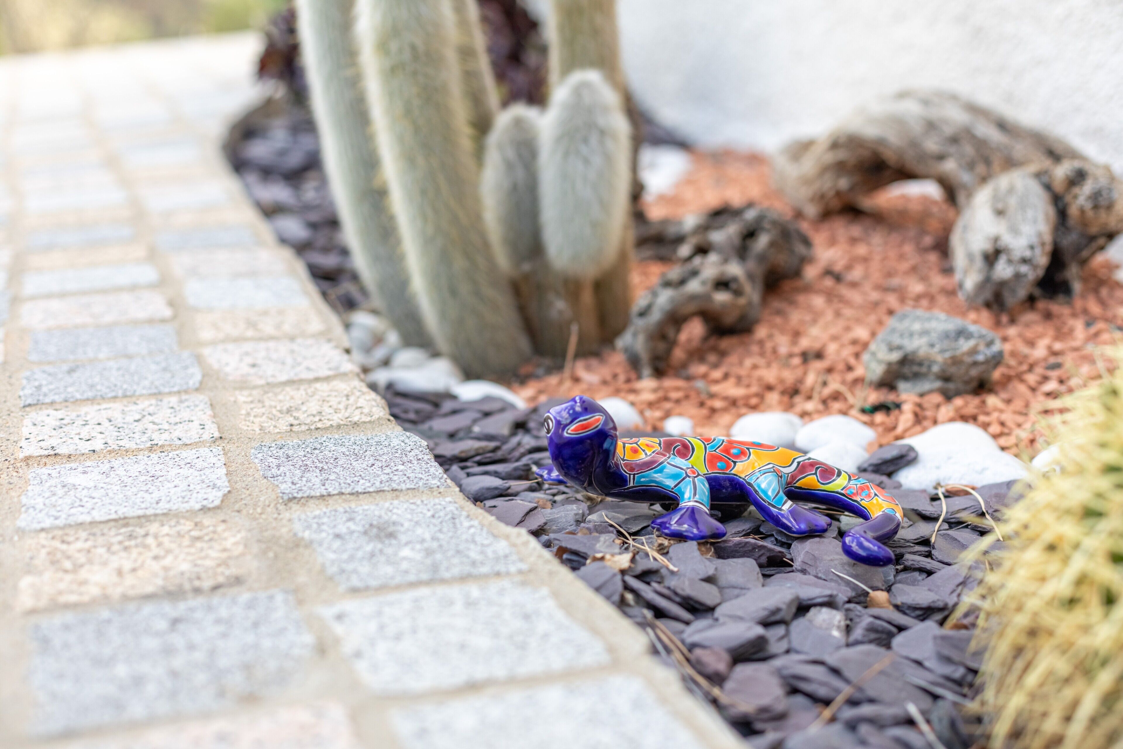 A colorful sculpture on a stone pathway with cacti and rocks.