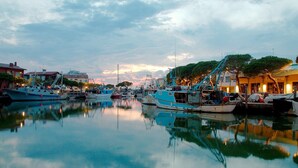 A marina with boats docked, calm water, and buildings in the background.