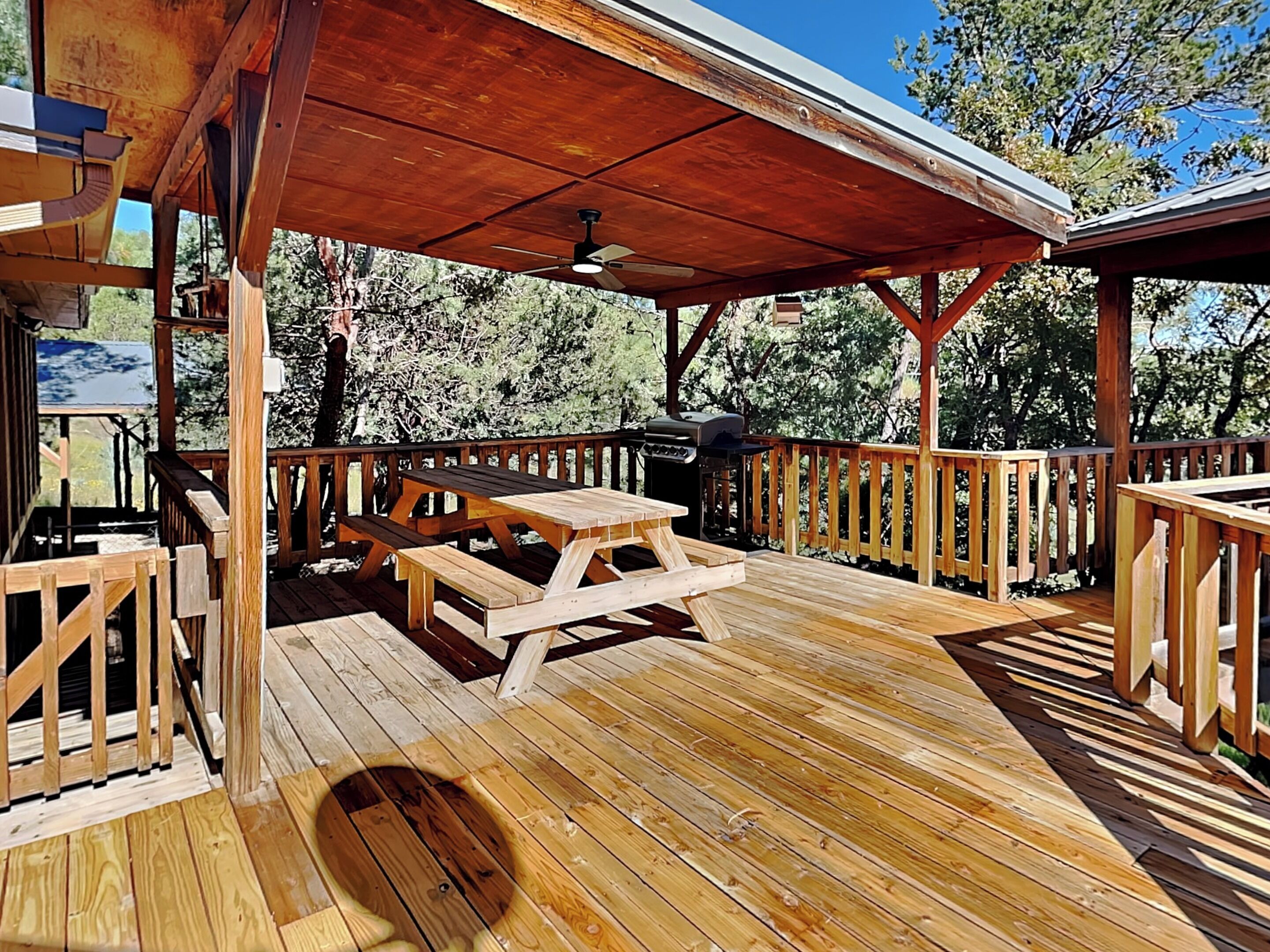 Une terrasse en bois avec des tables de pique-nique et un barbecue.