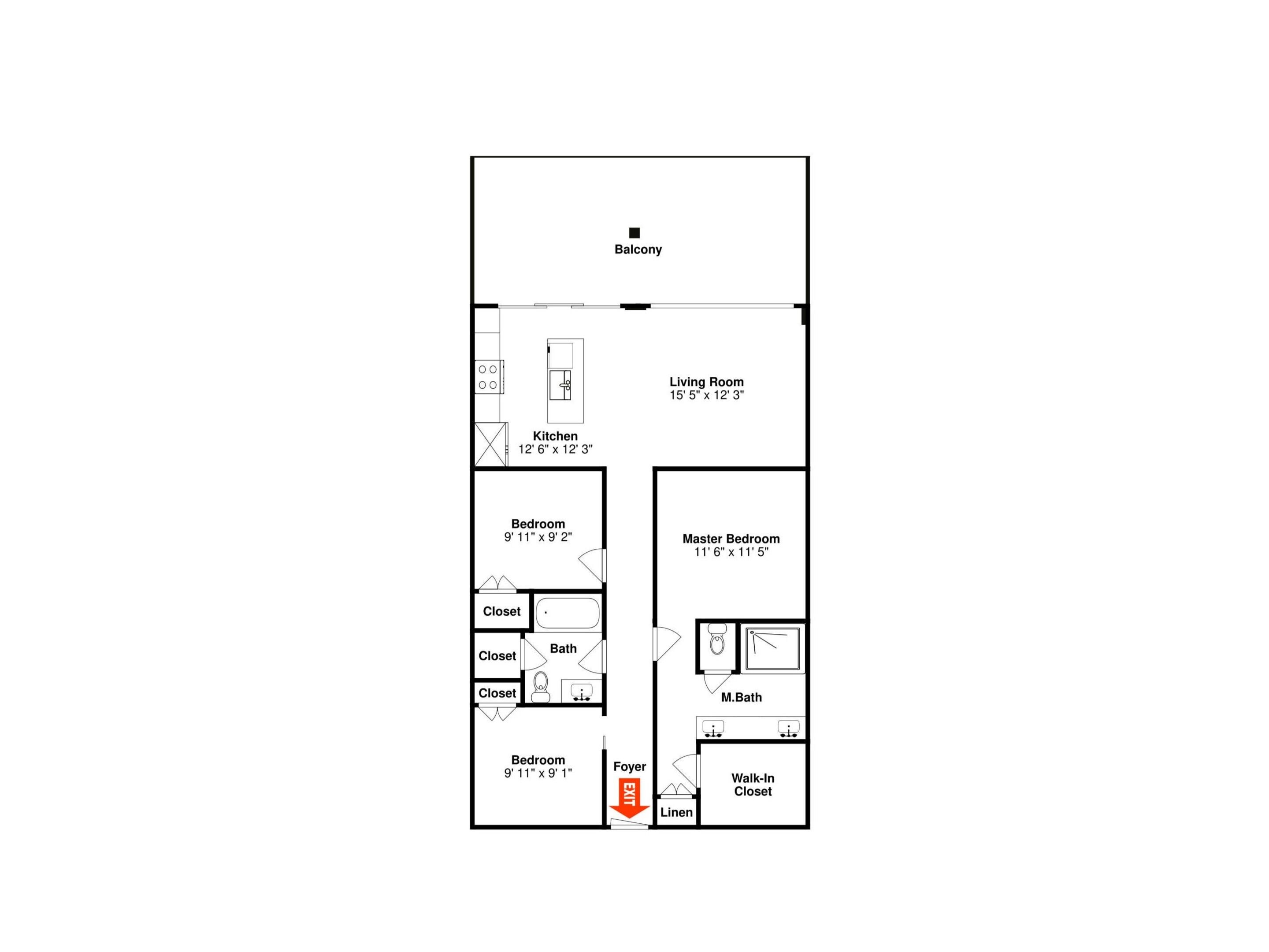 A floor plan of a hotel room with a living room, kitchen, two bedrooms, two bathrooms, and a foyer.