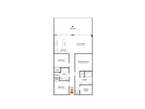Ein Grundriss eines Hotelzimmers mit Wohnzimmer, Küche, zwei Schlafzimmern, zwei Bädern und einer Diele.