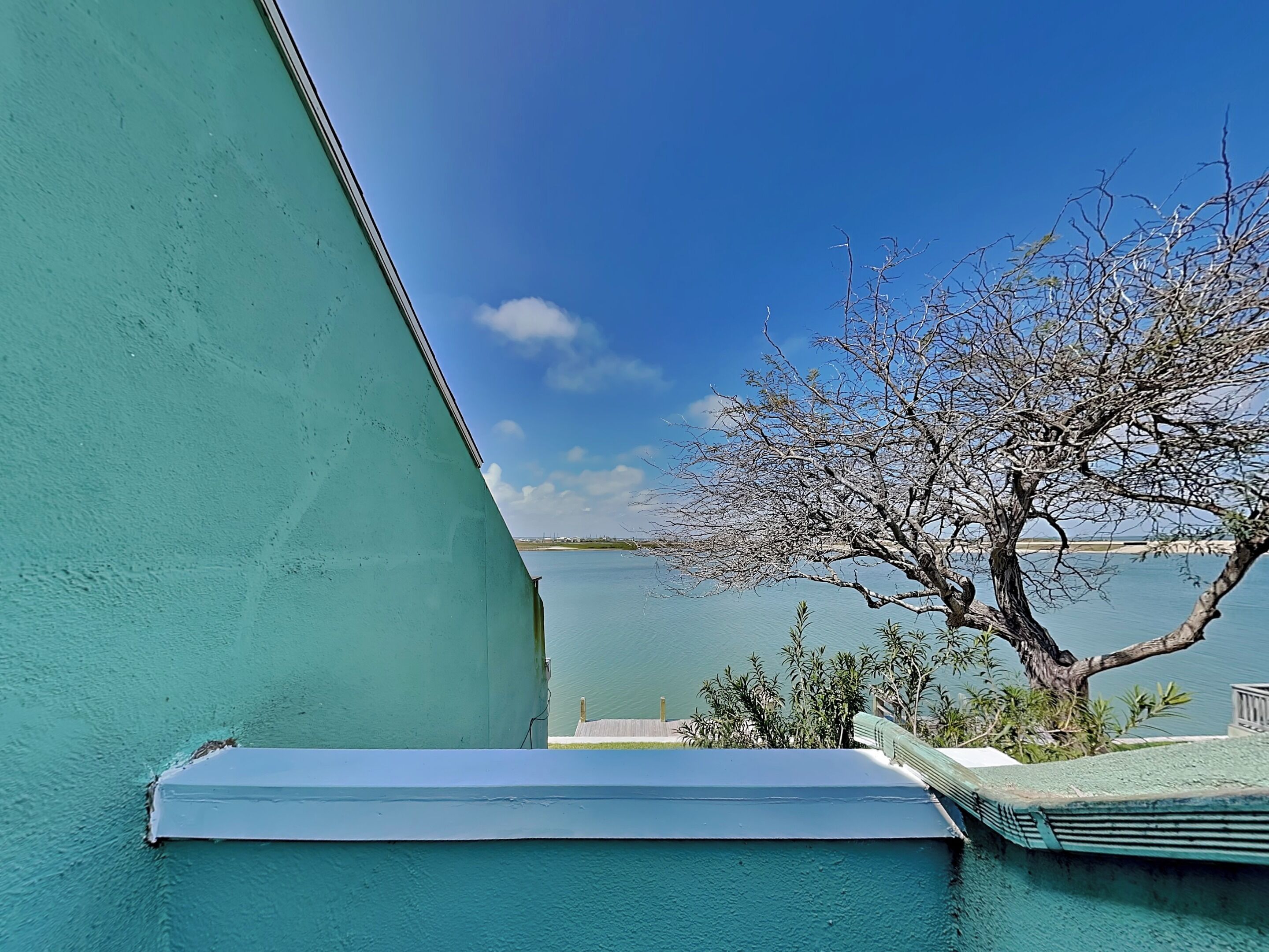 A view of a building with a blue exterior, a tree in the foreground, and a body of water in the background.