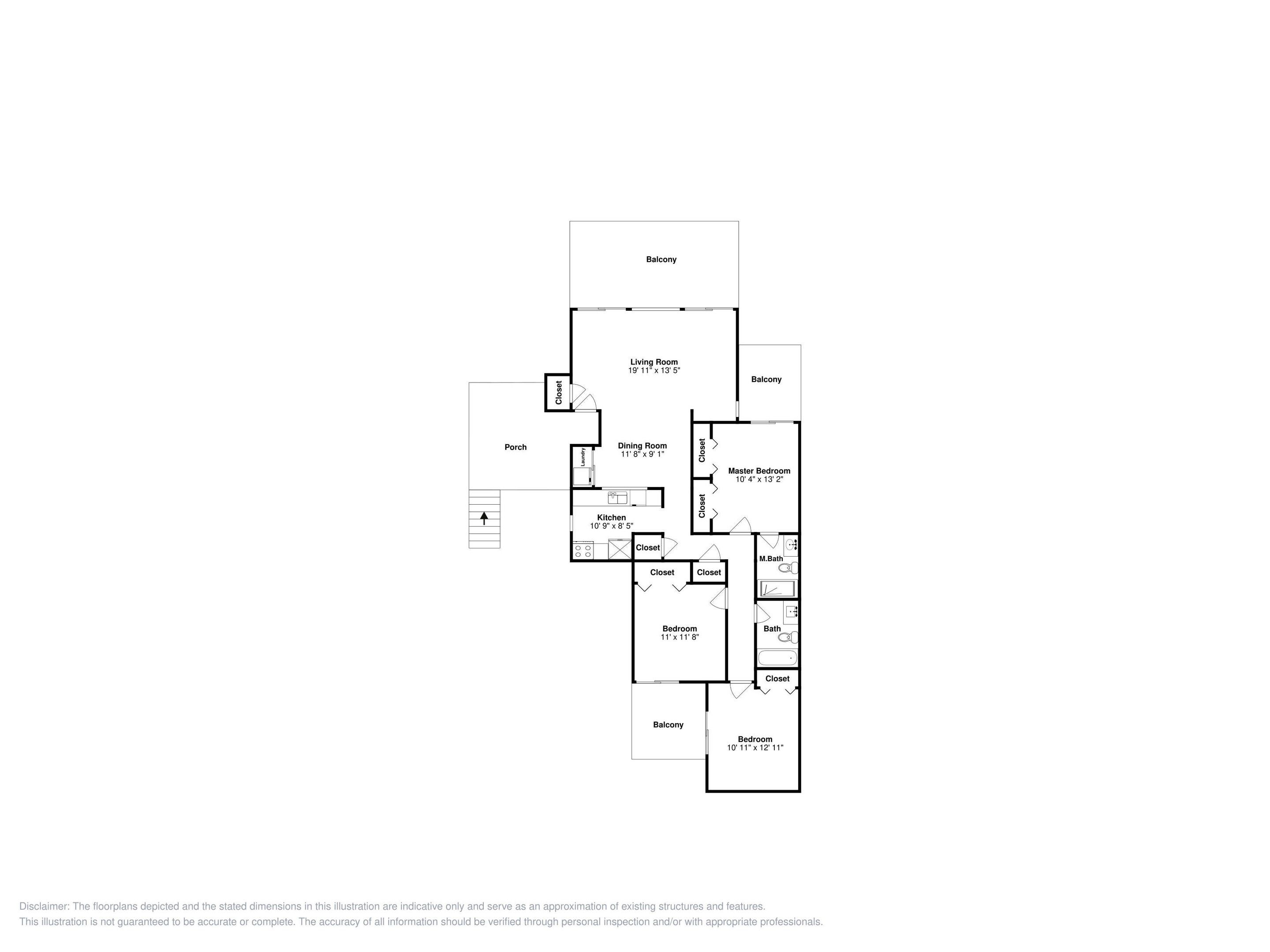 Een plattegrond met een woonkamer, eetkamer, keuken, hoofdslaapkamer, twee badkamers, twee kasten, een balkon en een veranda.