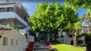 A pathway lined with red flowers leading to a building with a stone facade and a large tree in the center. - Freedom Relais Club by Interhome (Massa Lubrense)