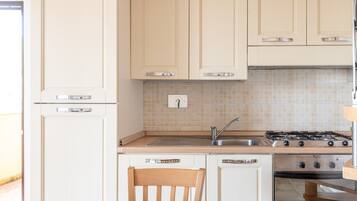 KĂŒhlschrank, Ofen, Kochgeschirr/Geschirr/Besteck, Esstisch