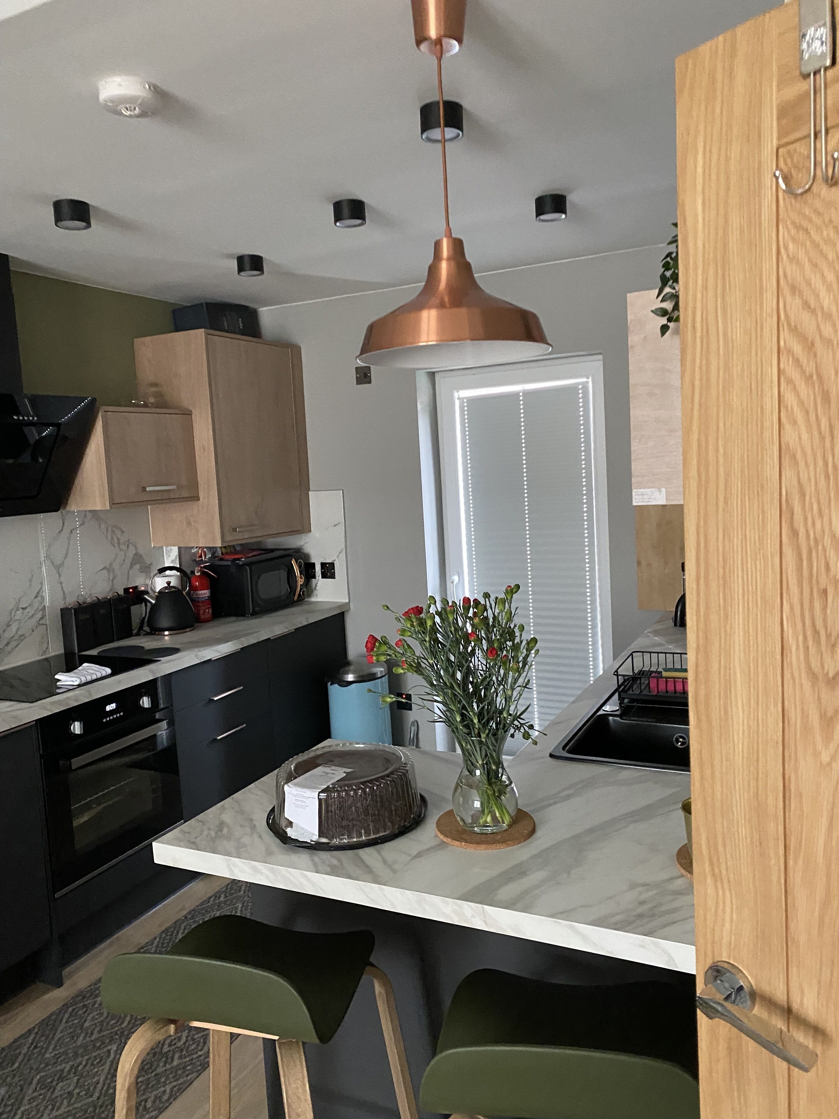 Coffee/tea maker, fridge, microwave, oven