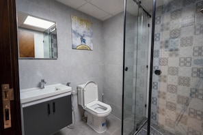 Casa de banho moderna com cabine de duche em vidro, sanita branca e toucador com espelho.