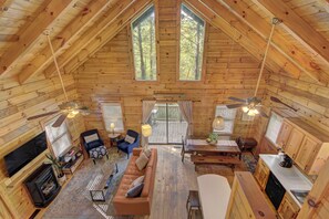 Smart TV, fireplace, books