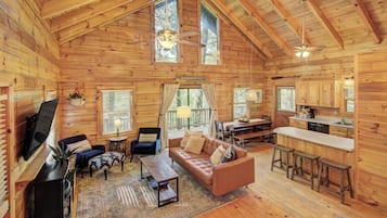 Smart TV, fireplace, books