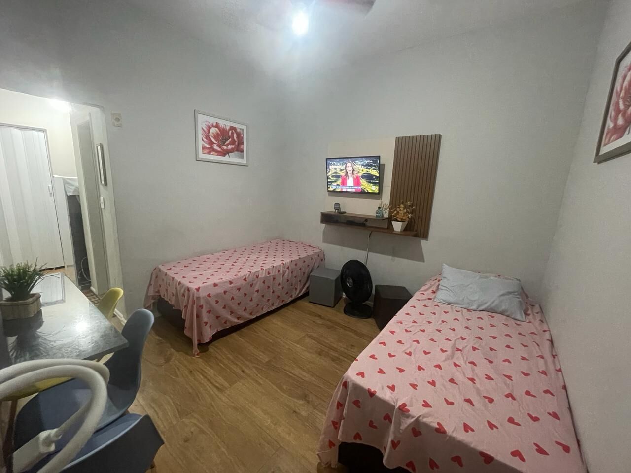 Une petite pièce bien rangée, avec deux lits simples, un bureau, une chaise, une télévision et une petite table sur laquelle est posée une plante.