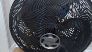 A black standing fan with a circular grill and a base, placed on a wooden floor. - Apartamento na Praia do Forte 😉 , Centro Cabo Frio - RJ 118 (Centro Cabo Frio)