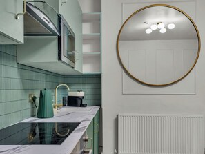 Fridge, microwave, oven, cookware/dishes/utensils