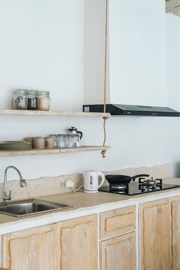 Villa, 3 Bedrooms, Patio, Pool View | Private kitchen | Fridge, microwave, stovetop, coffee/tea maker