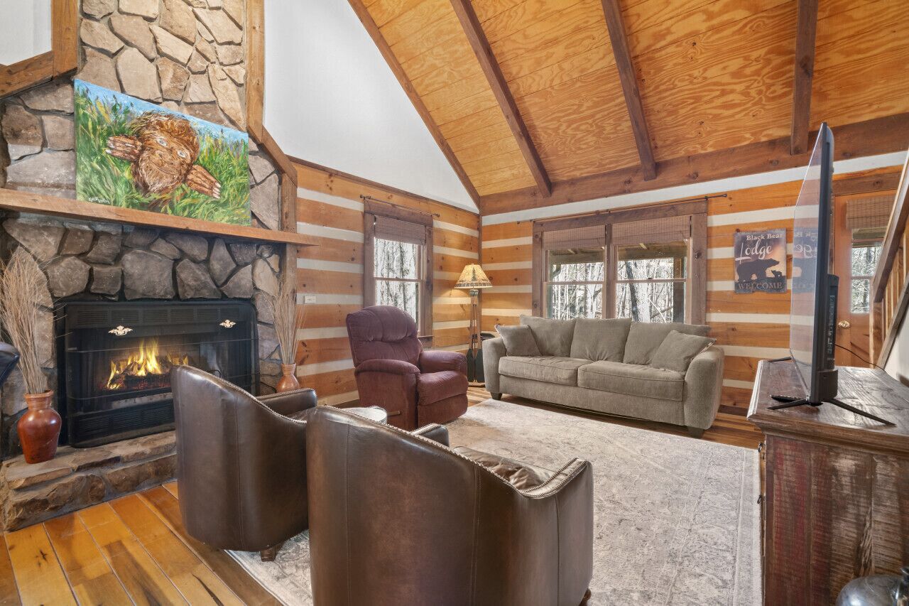 A log cabin interior with a stone fireplace, leather furniture, and a painting of a turtle.