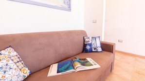 Un sofá marrón con dos cojines estampados y una revista encima.