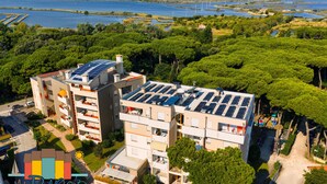 Un edificio a più piani con pannelli solari sul tetto, immerso nel verde e circondato dall'acqua.