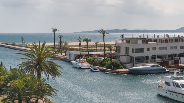 Un puerto deportivo con barcos amarrados, palmeras y un edificio moderno con balcones con vistas al agua.