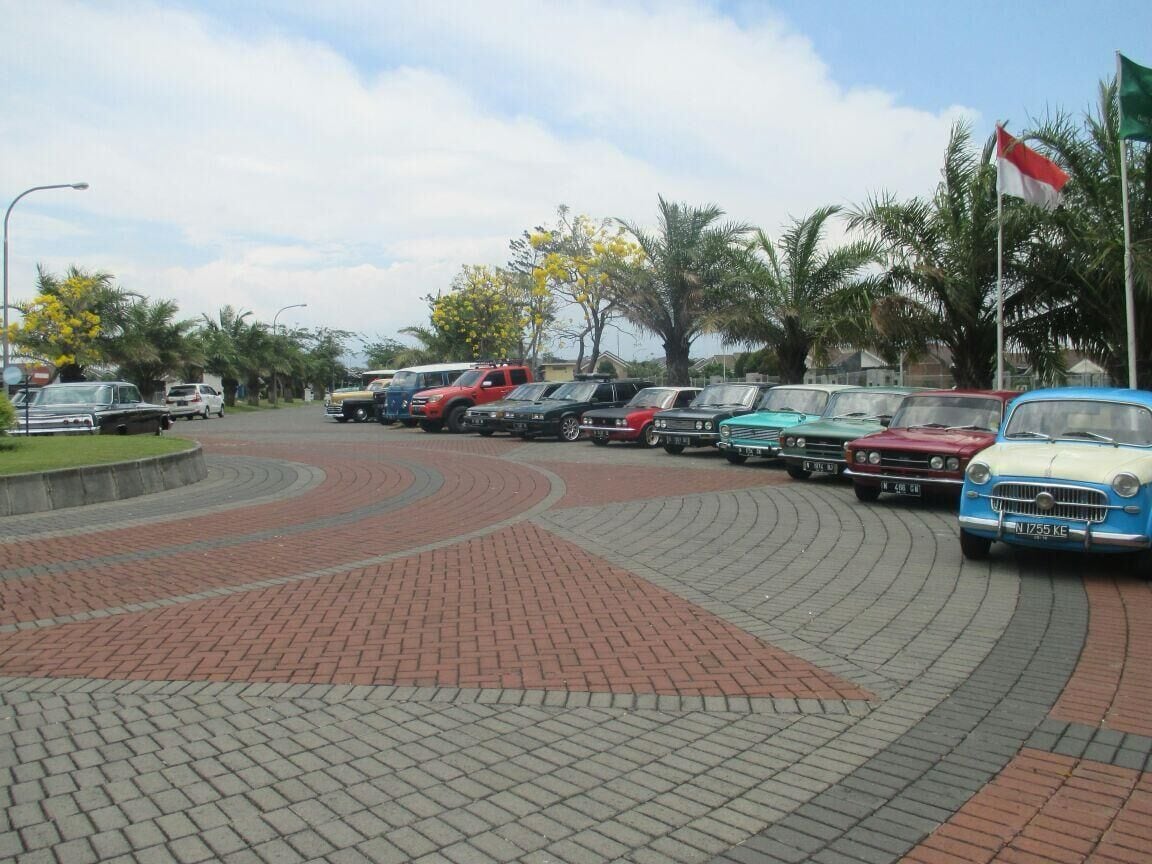 Un espacio de estacionamiento con varios coches antiguos aparcados en una disposición curva.