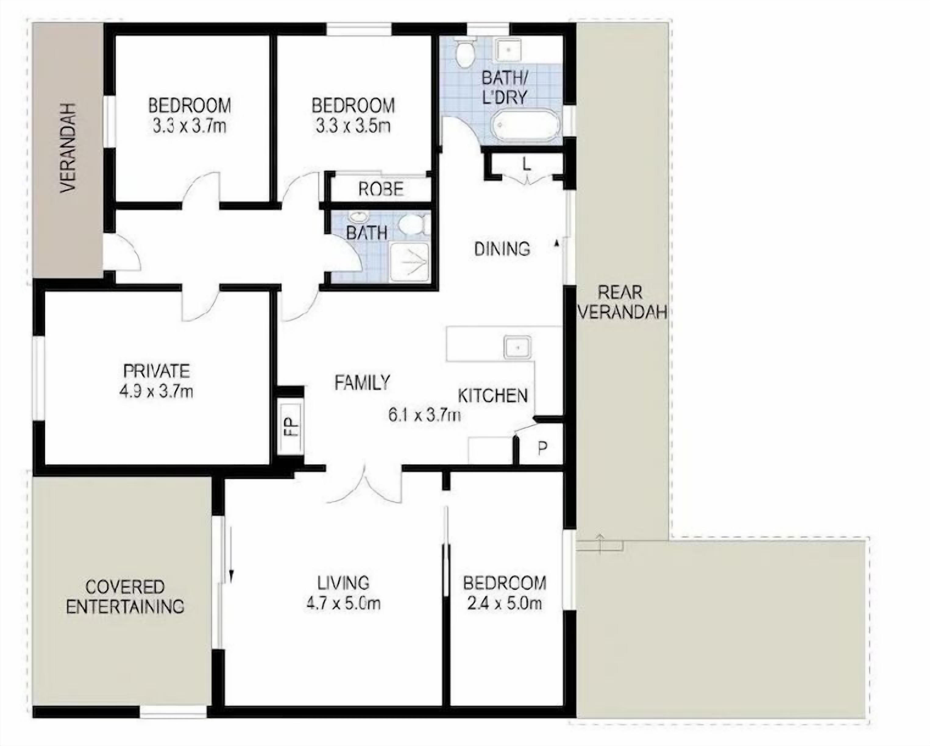 A floor plan with two bedrooms, a dining area, a kitchen, a living room, a bathroom, a covered entertainment area, and a private room.