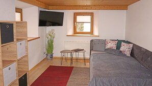 A bedroom with a bed, a TV, a window, a radiator, a small table, a potted plant, and built-in storage. - Sandra Falch by Interhome (Flirsch)