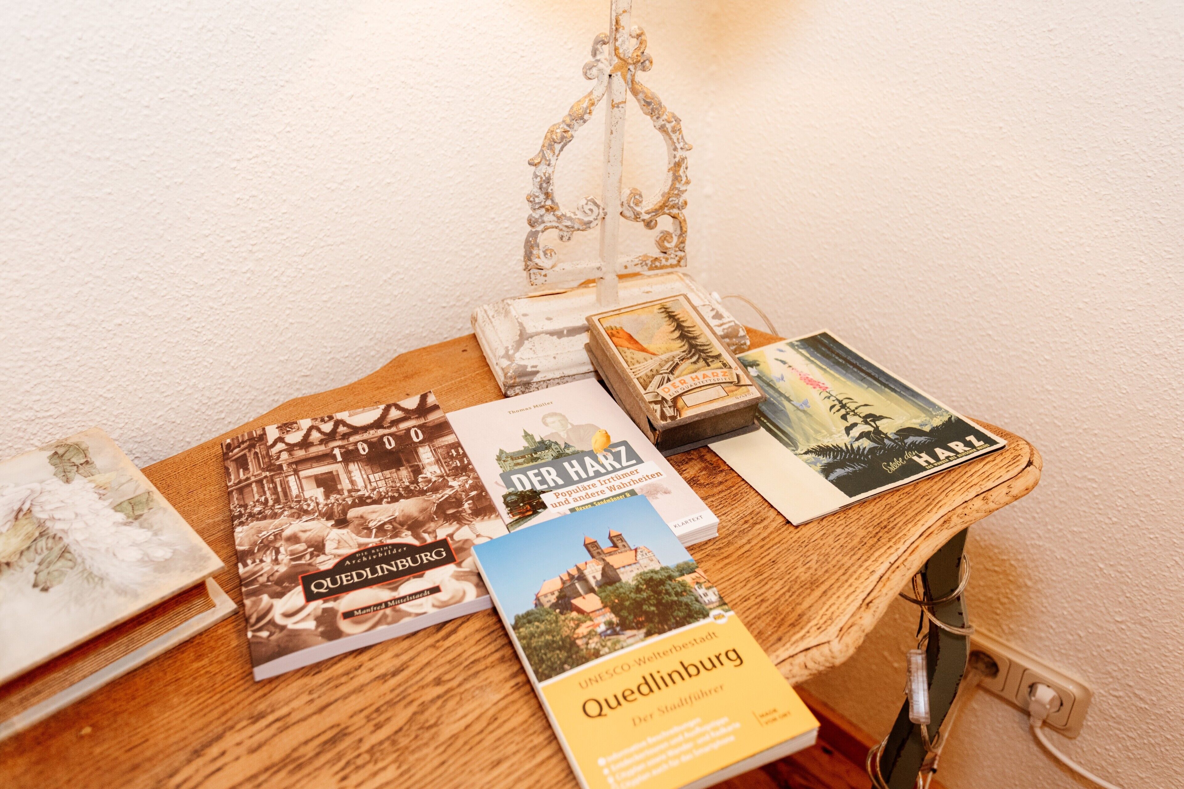 Ein Holztisch mit Büchern, einer dekorativen Hängelampe und einer Steckdose.
