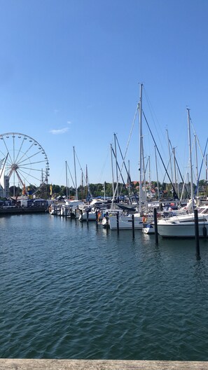 A marina with multiple boats docked, a large Ferris wheel in the background, and a clear blue sky.