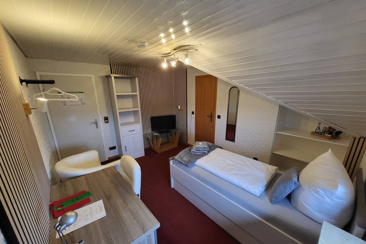 Ein kleines Hotelzimmer mit einem Bett, einem Schreibtisch, einem Fernseher und einem Spiegel.