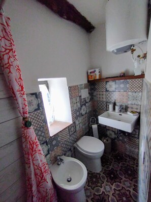 Een douche, een haardroger, een bidet, handdoeken