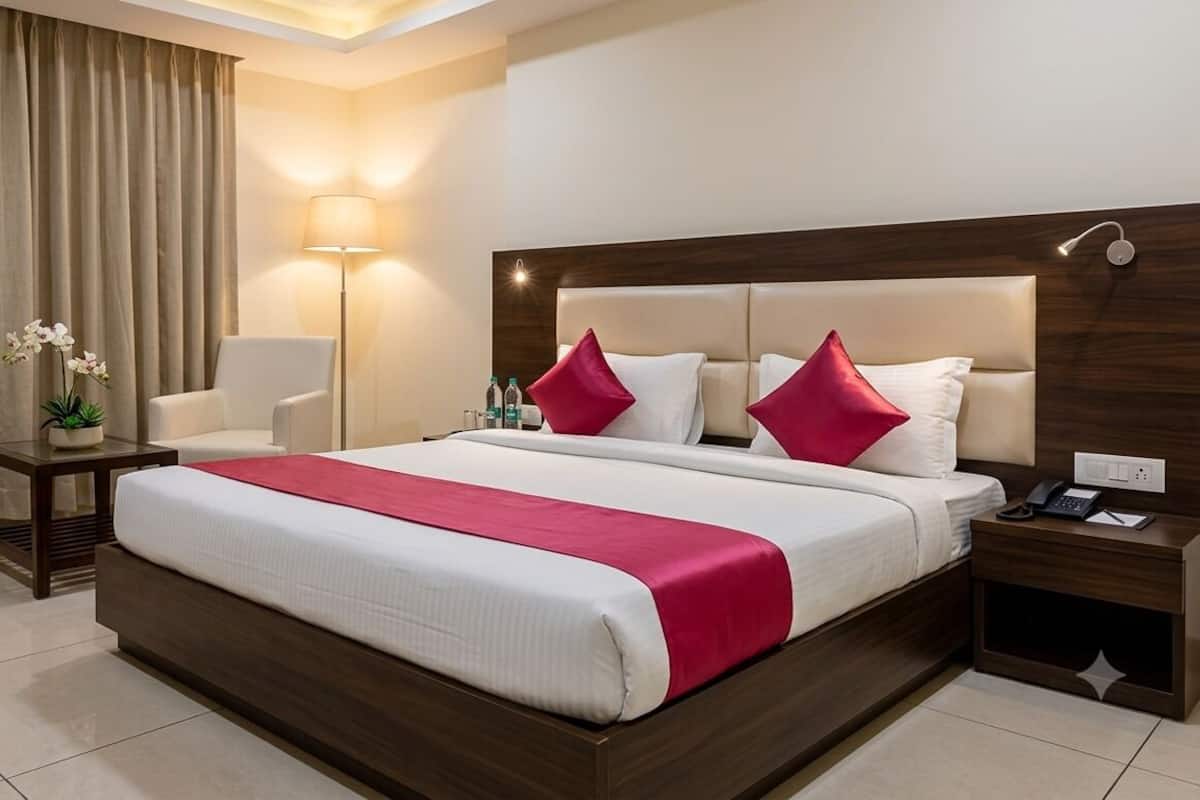 A hotel room with a large bed, a bedside table with a lamp, a chair, and a small table with a plant.