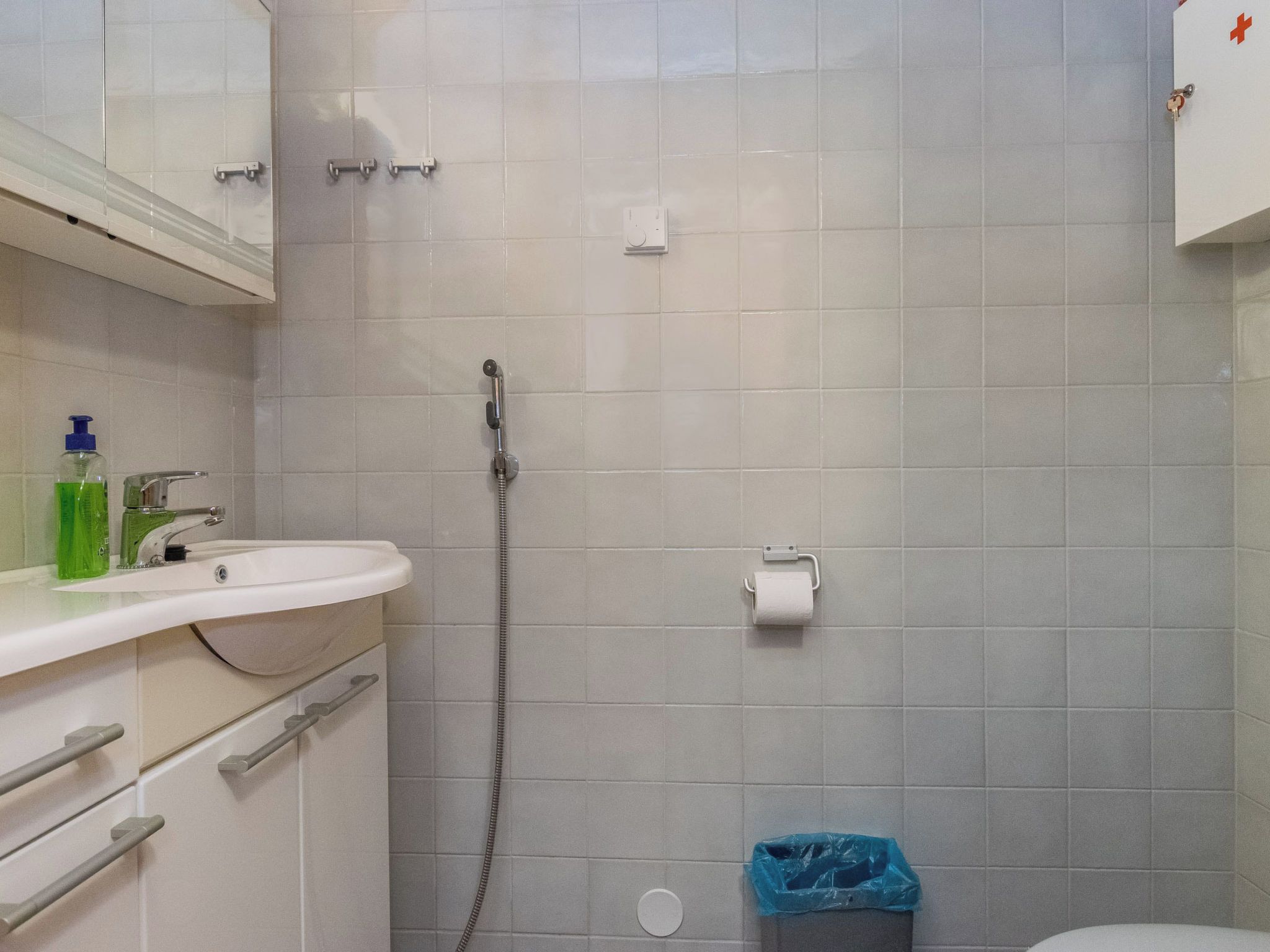 A bathroom with a sink, mirror, towel rack, shower, and toilet.