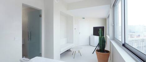 A hotel room with a bed, a potted cactus, a window with a city view, and a door leading to another room.