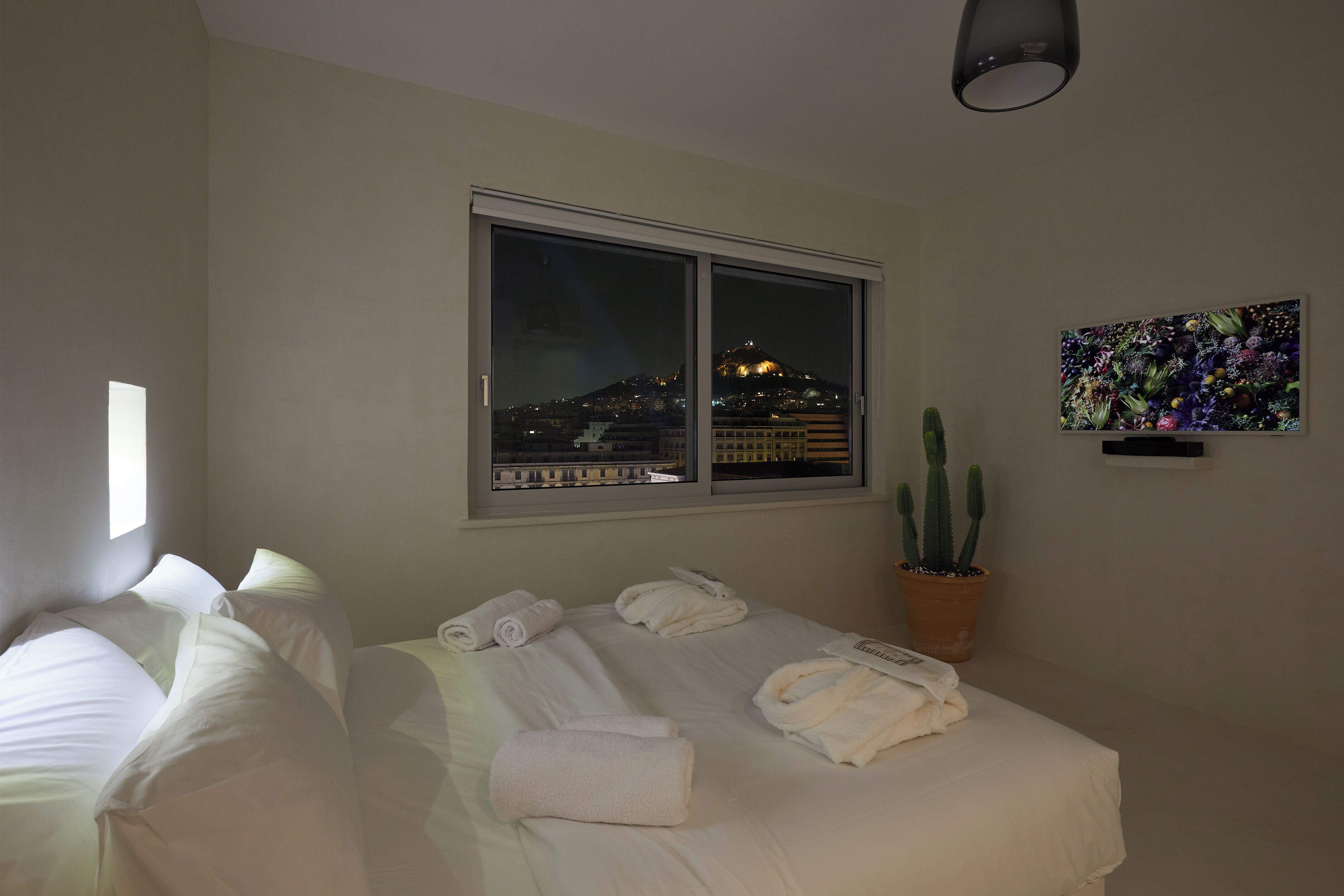Een hotelkamer met een bed, een raam met uitzicht op de stad, een cactussplant en een schilderij aan de muur.