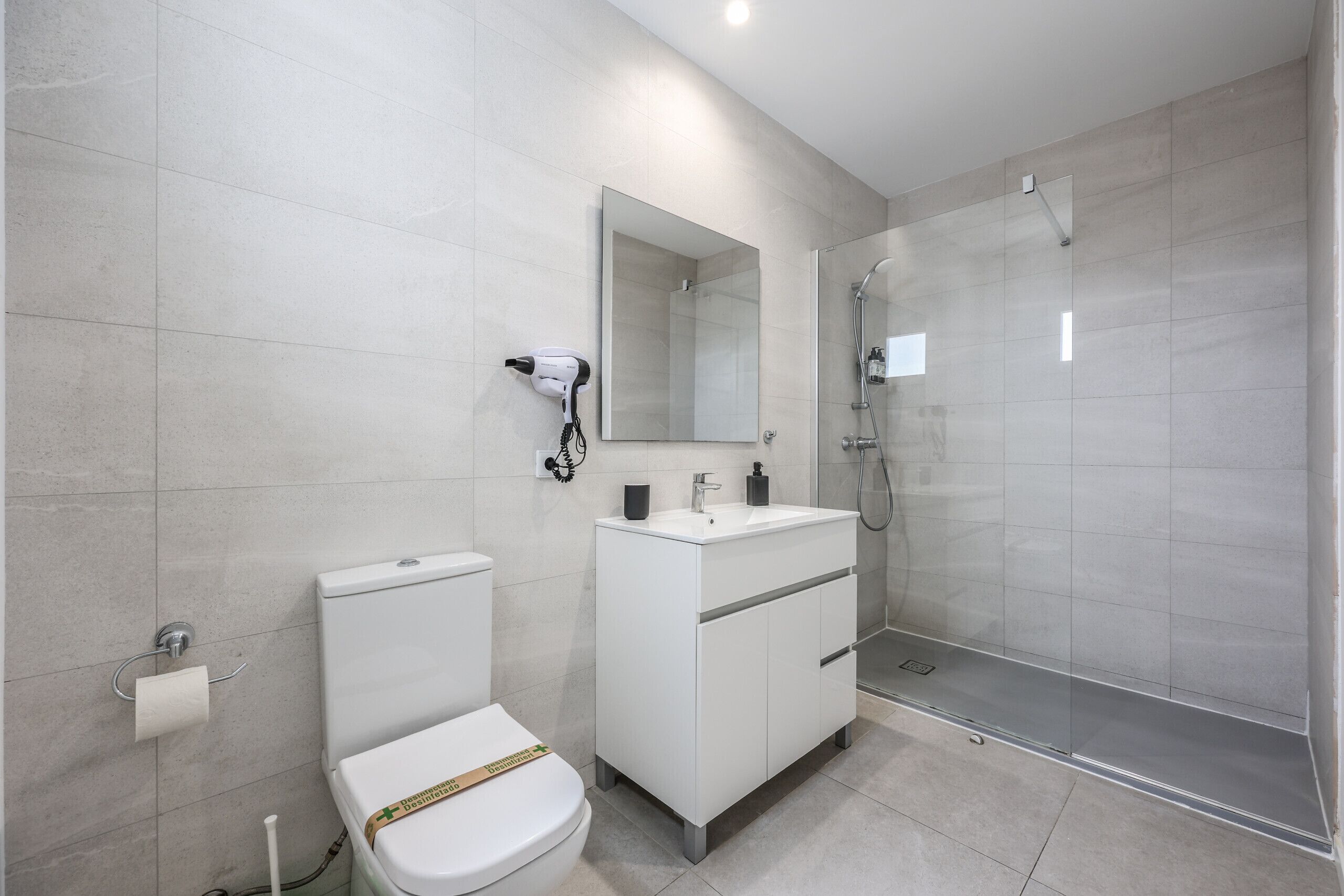 A modern bathroom with a toilet, a sink, a mirror, and a shower.