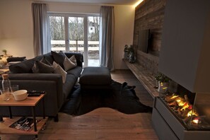 TV connectée, cheminée, chaîne hi-fi